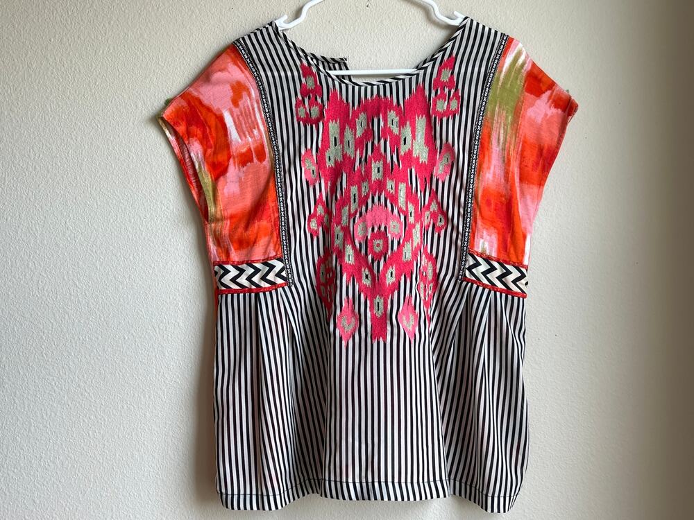 Ranna Gill Embroidered Striped Mixed Media Blouse Top Small